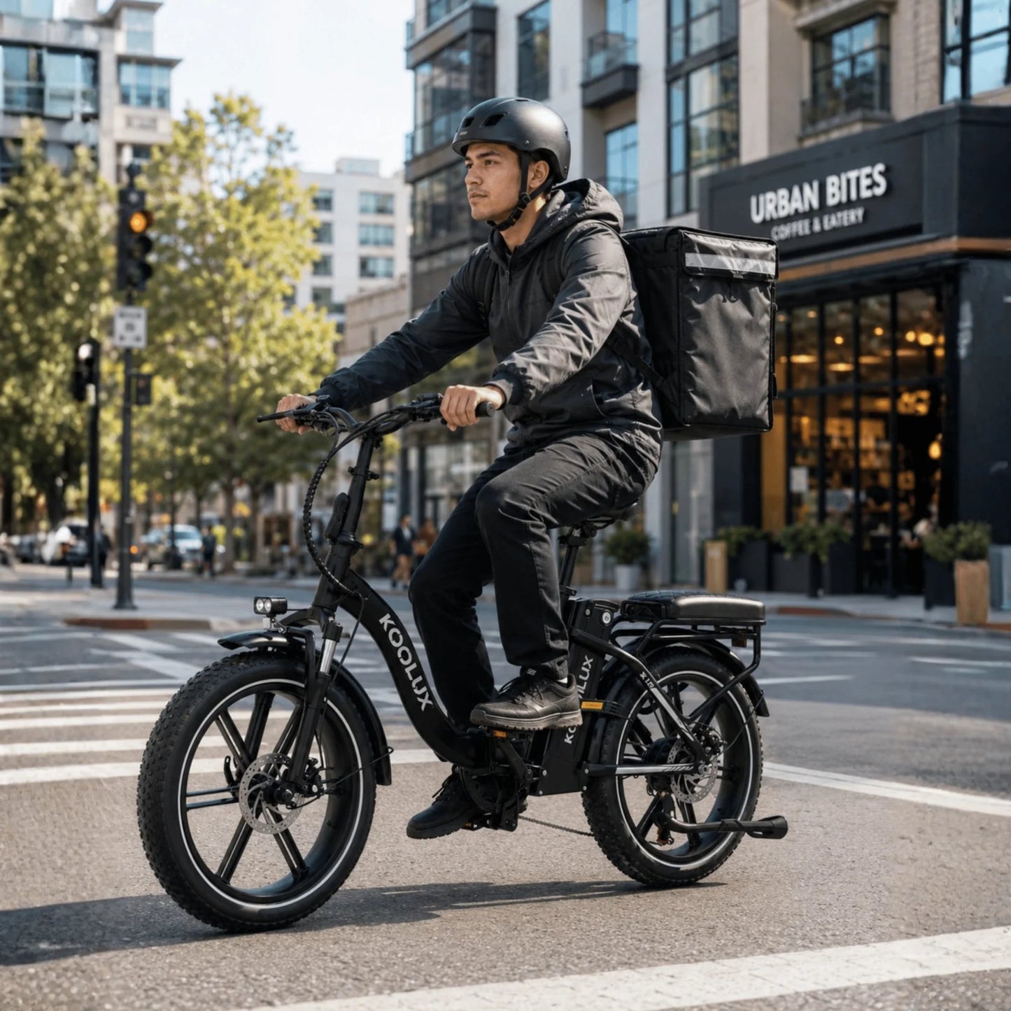 KOOLUX X16 noir E-VELO en mobilité urbaine avec cadre pliable et équipements iéal pour livraison urbaine.