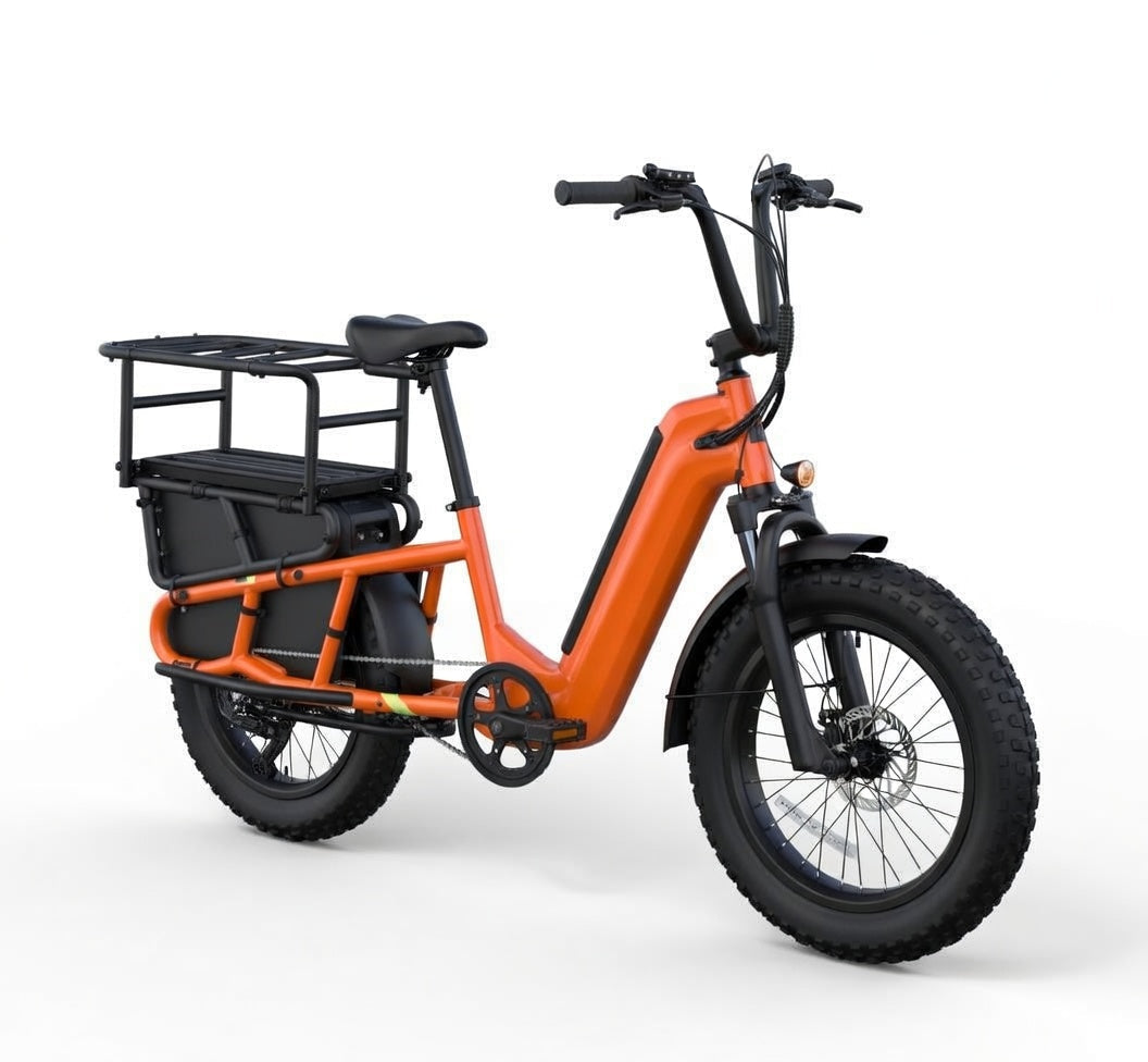 Vélo électrique cargo SAIBIKE K008 orange 48V 15Ah 750W avec pneus fat 20 pouces vue de coté droit
