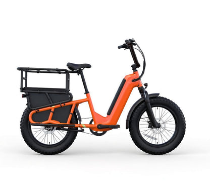 Vélo électrique cargo SAIBIKE K008 orange 48V 15Ah 750W avec pneus fat 20 pouces vue de profil droit