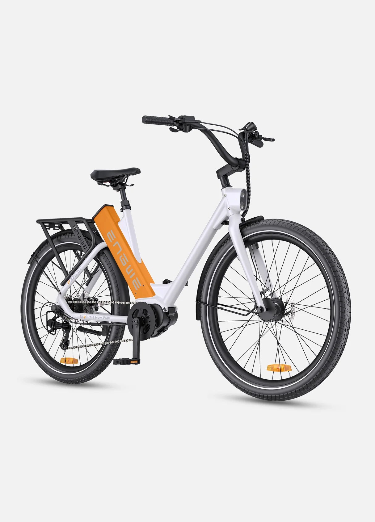 Vélo électrique urbain ENGWE P275 ST blanc orange, moteur central 250W, autonomie 260 km vue de coté droit