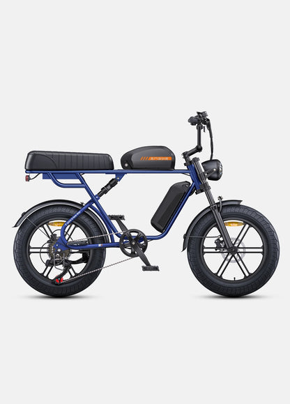 ENGWE M1 navy blue, doubles batteries moteur brushless 500W  et bouton boost 75 Nm pour acceleration instantanée, pare boue, vue de profil droit