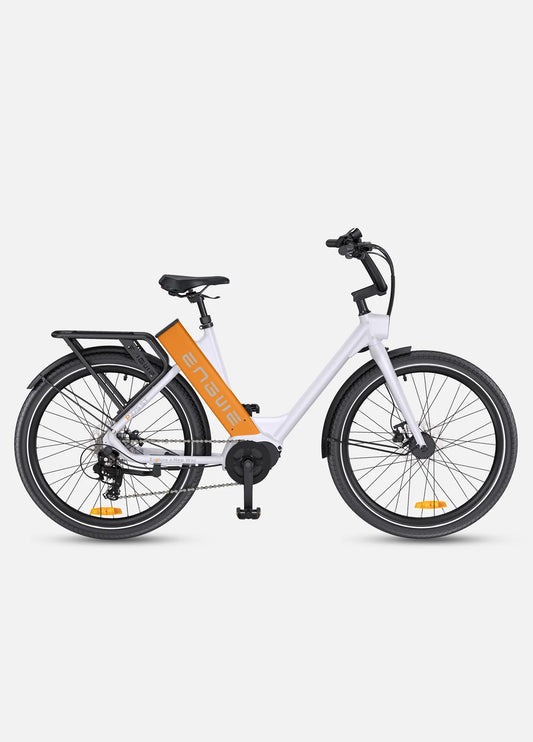 Vélo électrique urbain ENGWE P275 ST blanc orange, moteur central 250W, autonomie 260 km vue de profil droit