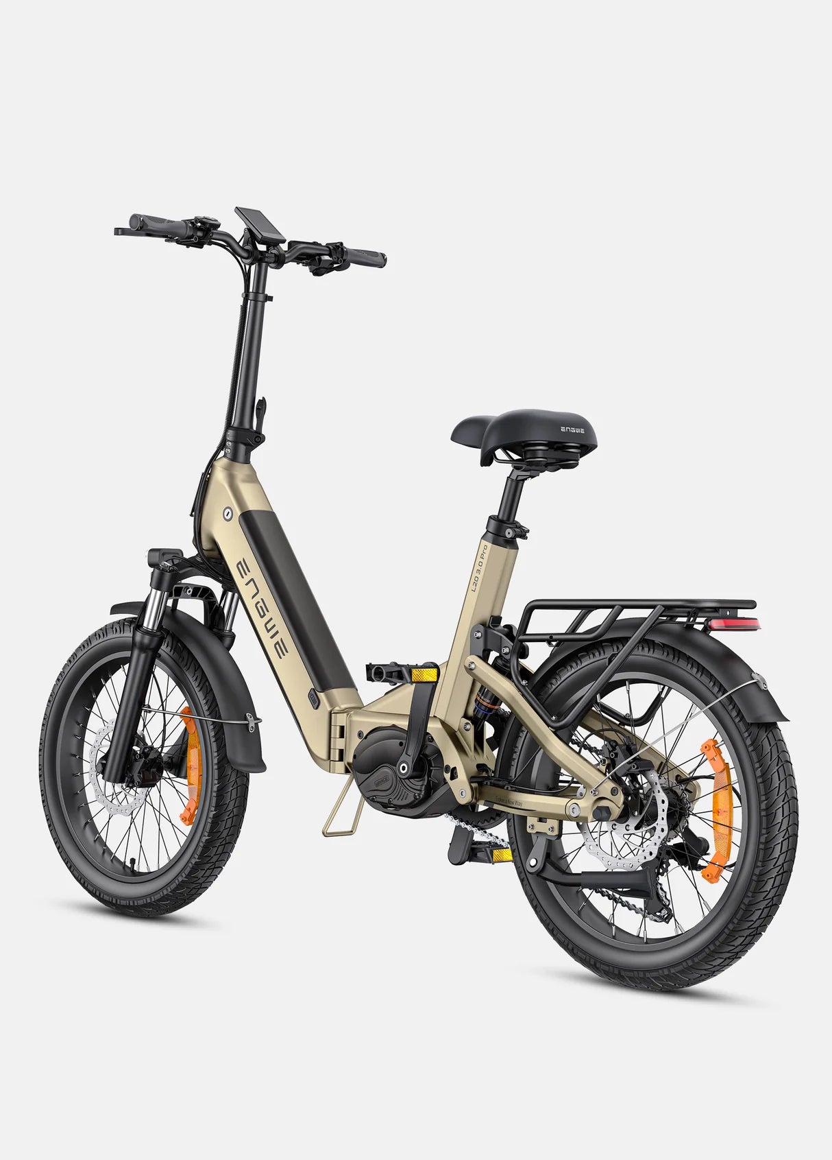 ENGWE L20 Pro champagne 250W 100 Nm, batterie 720Wh, autonomie 160 km, fourche hydrauliques, pneus 20x3.0 vue arrière de coté gauche