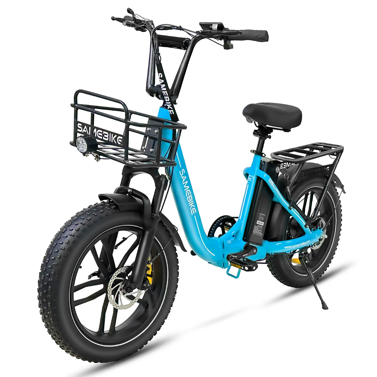 SAMEBIKE C05 Pro cyan vue côté gauche Fat Bike électrique porte- bagages avant E-VELO