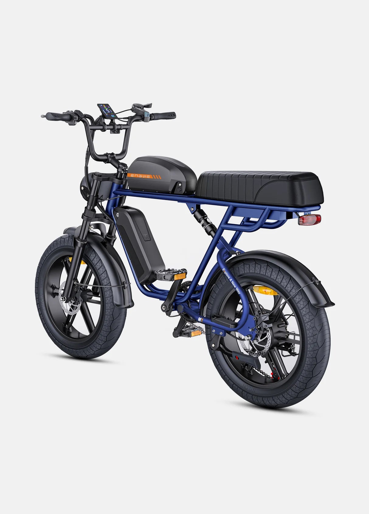 ENGWE M1 navy blue, doubles batteries moteur brushless 500W  et bouton boost 75 Nm pour acceleration instantanée, pare boue, vue arrière gauche