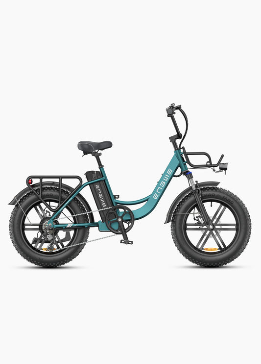 Vélo électrique ENGWE L20 Boost vert mer, 250W, 126 km autonomie, cadre ouvert, panier avant, batterie amovible, vue de profil droit