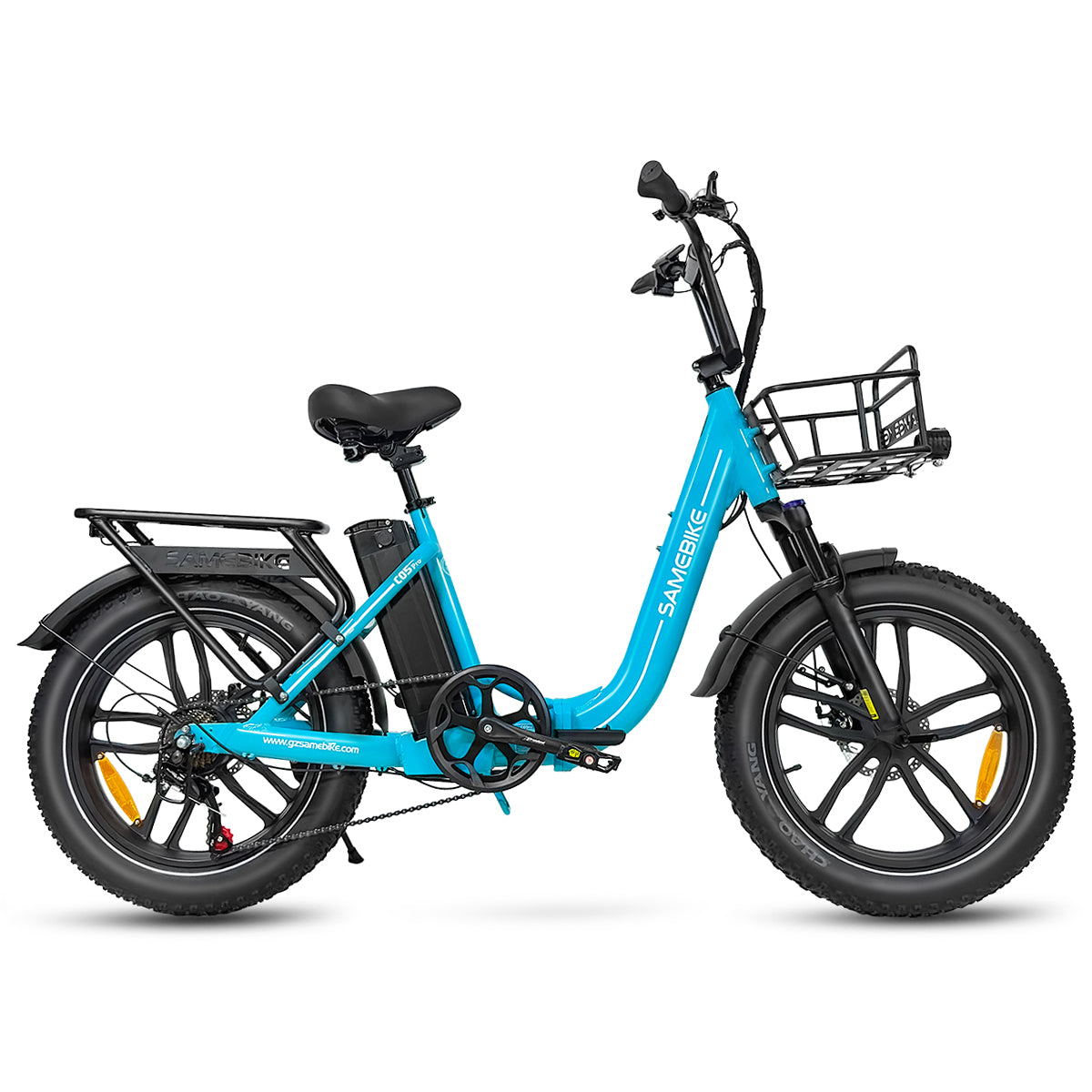 SAMEBIKE C05 Pro vélo électrique Fat Bike pliant 20 pouces cyan avec pneus larges tout-terrain batterie 36V 13Ah vue de profil droit E-VELO
