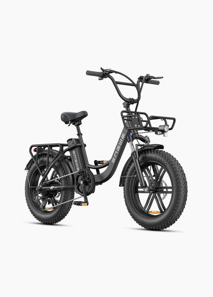 Vélo électrique ENGWE L20 Boost noir, 250W, 126 km autonomie, cadre ouvert, panier avant, batterie amovible, vue de coté droit