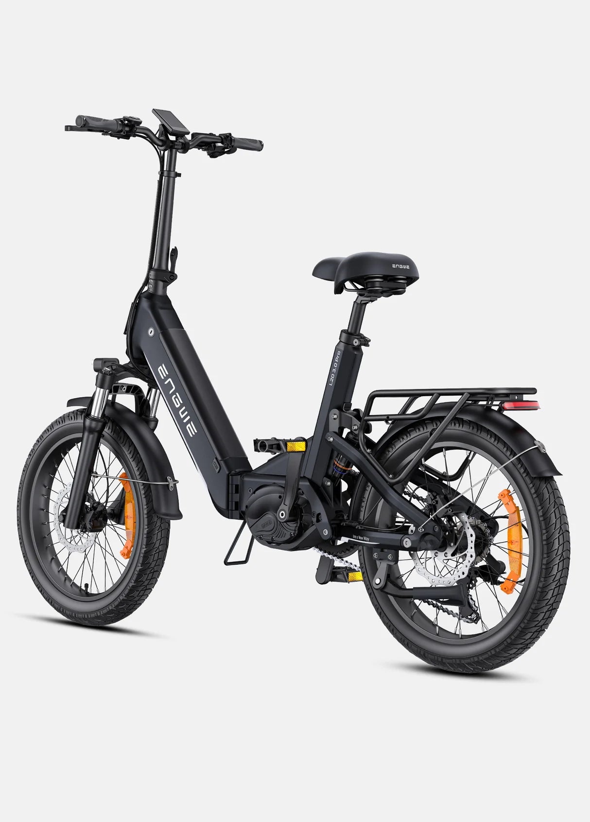 ENGWE L20 Pro noir 250W 100 Nm, batterie 720Wh, autonomie 160 km, fourche hydrauliques, pneus 20x3.0 vue arrière de coté gauche
