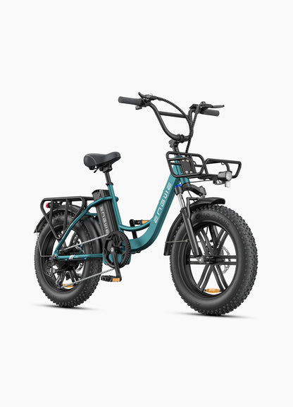 Vélo électrique ENGWE L20 Boost vert mer, 250W, 126 km autonomie, cadre ouvert, panier avant, batterie amovible, vue de coté droit