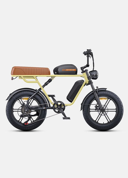 ENGWE M1 jaune, doubles batteries moteur brushless 500W  et bouton boost 75 Nm pour acceleration instantanée, pare boue, vue de profil droit