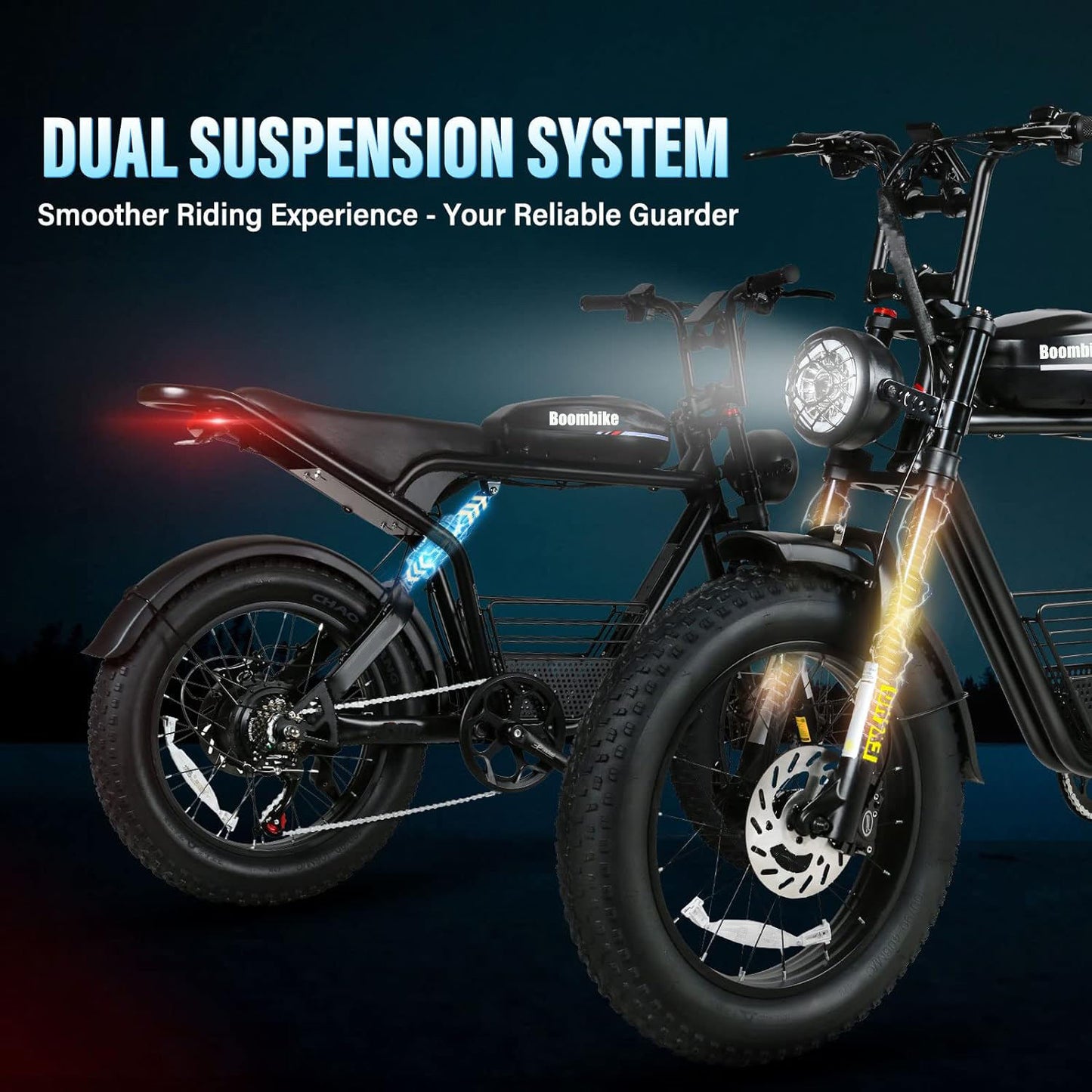 Fatbike BOOMBIKE S10 avec fourche avant hydraulique et suspension arrière avec feu avant et arrière LED 