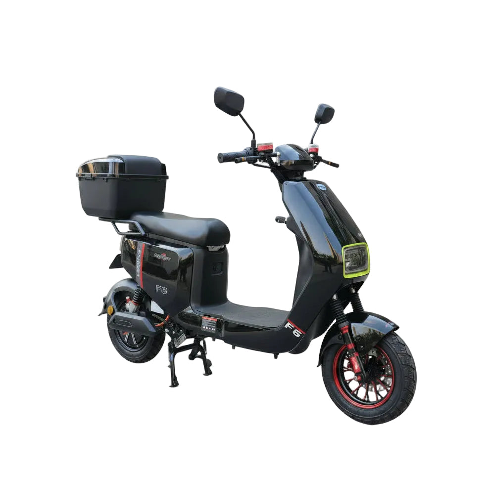 Scooter électrique F6 PRO noir 48V 500W à batterie longue autonomie et frein hydraulique porte bagages vue de coté droit