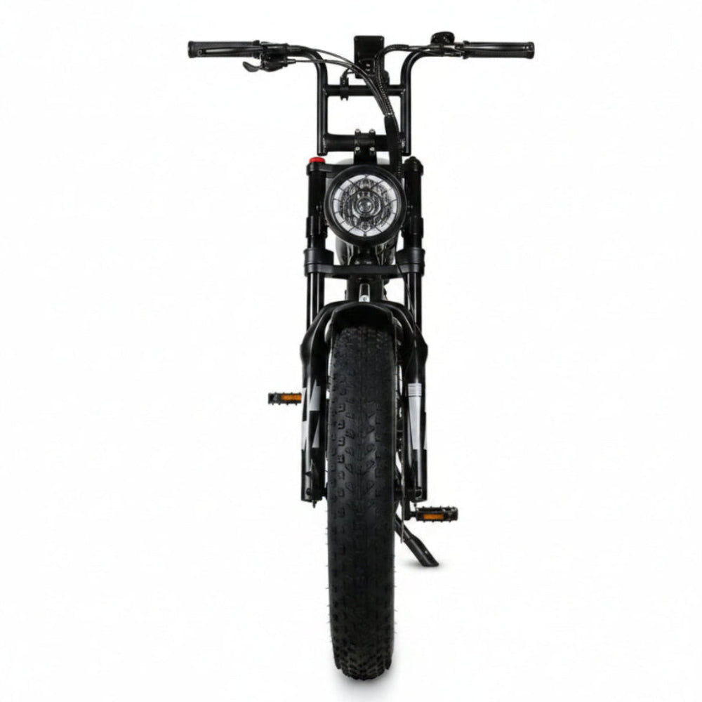 Ebike Boombike S10 fourche hydraulique vue de face avant éclairage LED et porte bagage