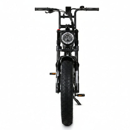 Ebike Boombike S10 fourche hydraulique vue de face avant éclairage LED et porte bagage