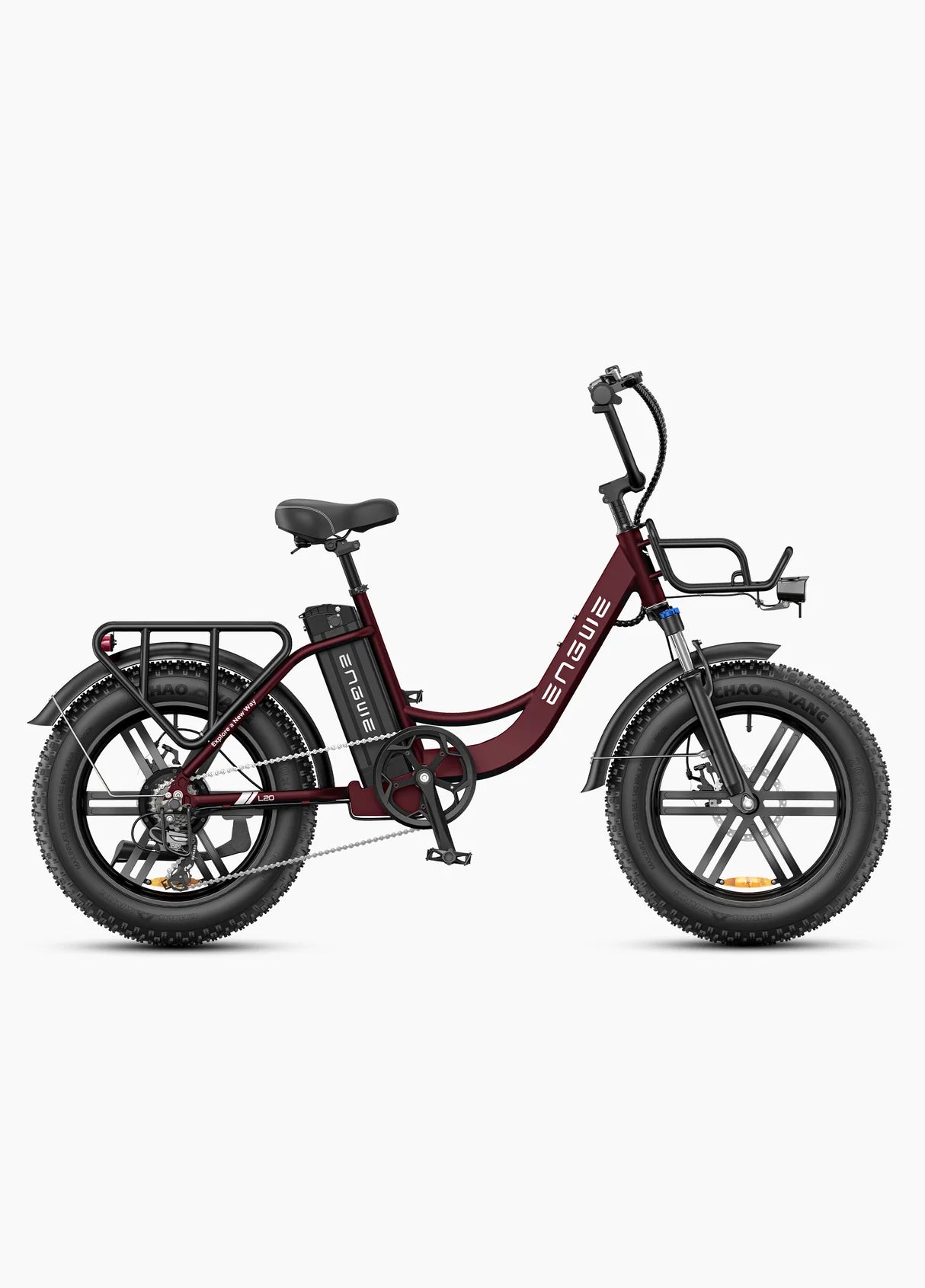 Vélo électrique ENGWE L20 Boost bourgogne, 250W, 126 km autonomie, cadre ouvert, panier avant, batterie amovible, vue de profil droit