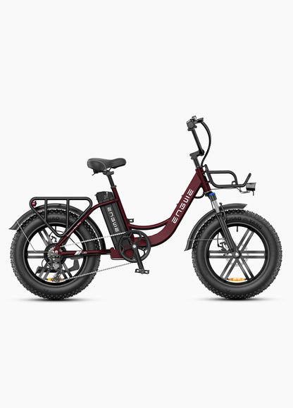 Vélo électrique ENGWE L20 Boost bourgogne, 250W, 126 km autonomie, cadre ouvert, panier avant, batterie amovible, vue de profil droit