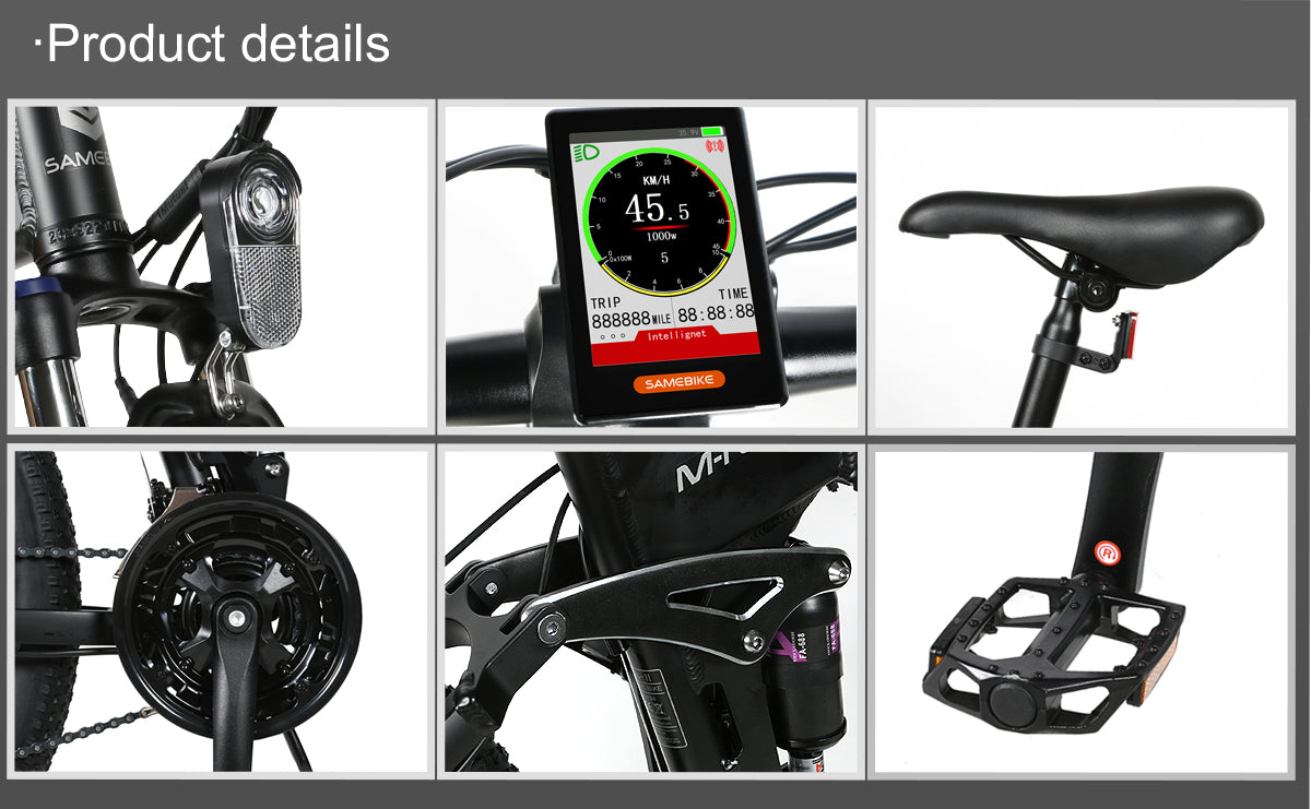 SAMEBIKE LO26-II-YD vélo électrique pliant avec cadre, selle, compteur LCD, amortisseur, pédalier et phare LED