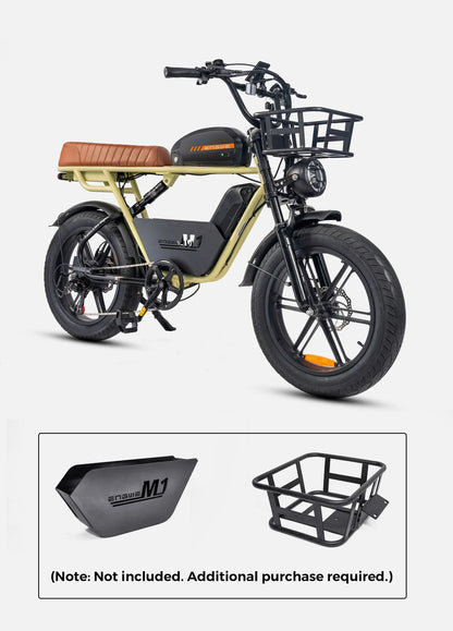 ENGWE M1 avec panier avant, cache cadre, doubles batteries moteur brushless 500W  et bouton boost 75 Nm pour acceleration instantanée, pare boue 