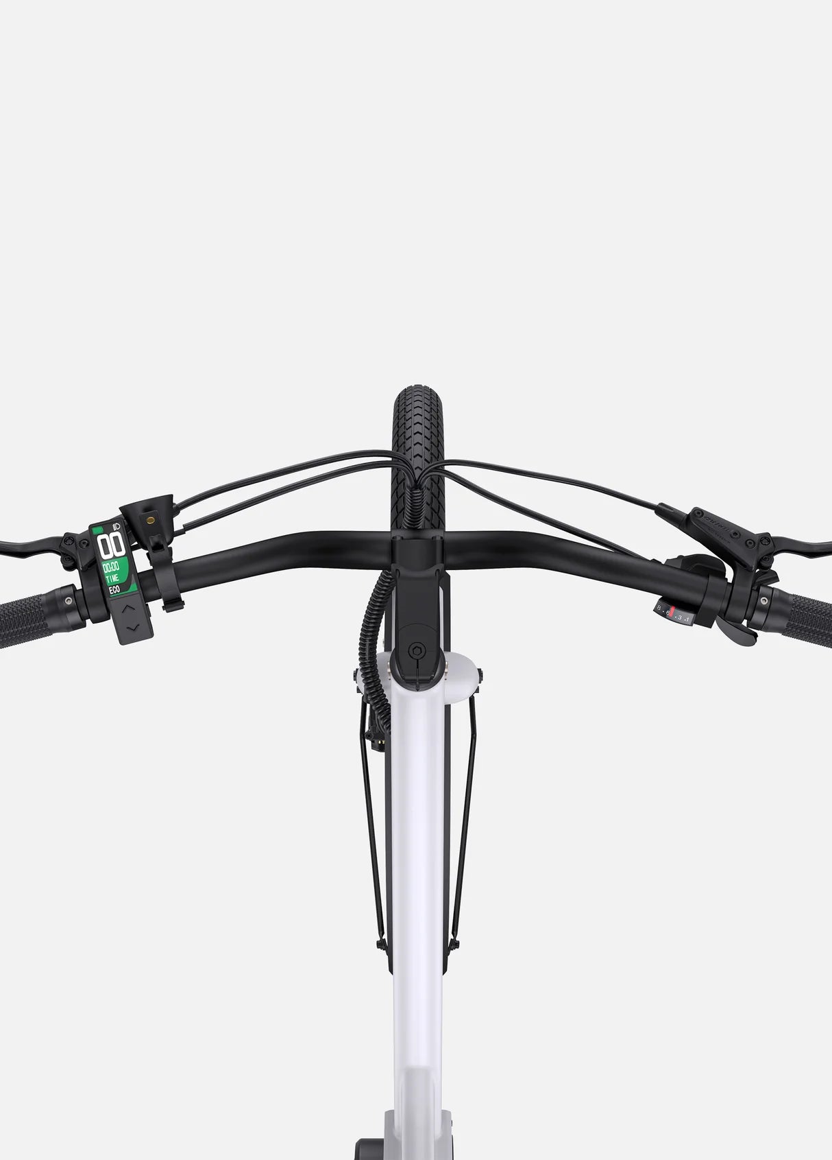 Vue de haut du vélo électrique urbain ENGWE P275 ST blanc, et de son guidon