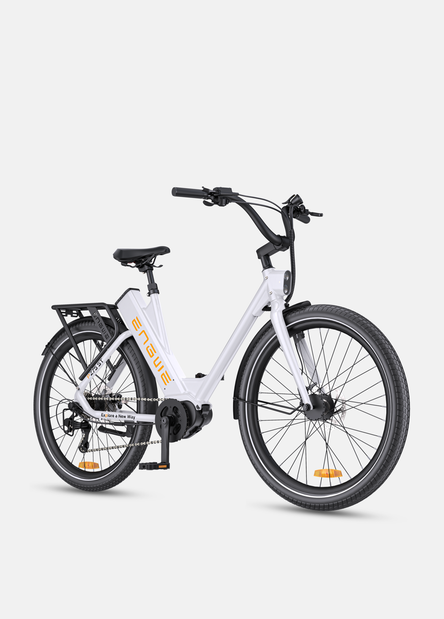 Vélo électrique urbain ENGWE P275 ST blanc, moteur central 250W, autonomie 260 km vue de coté droit