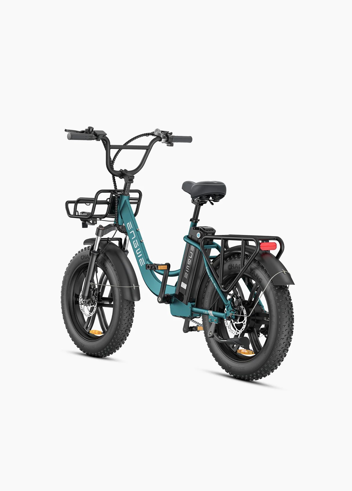 Vélo électrique ENGWE L20 Boost vert mer, 250W, 126 km autonomie, cadre ouvert, panier avant, batterie amovible vue arrière de coté gauche