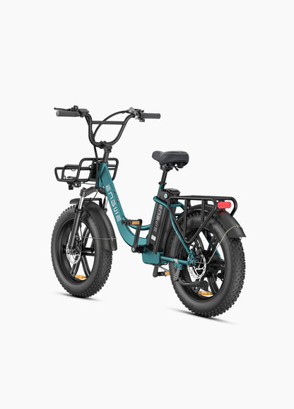 Vélo électrique ENGWE L20 Boost vert mer, 250W, 126 km autonomie, cadre ouvert, panier avant, batterie amovible vue arrière de coté gauche