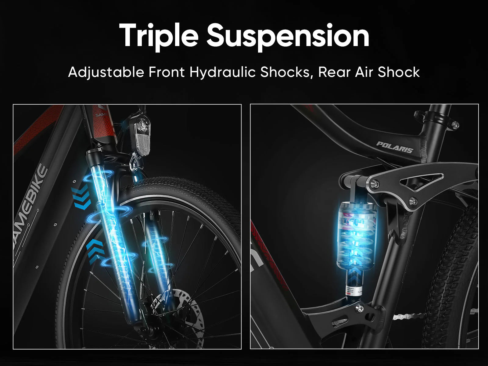 Double suspension (hydraulique avant sur fourche et coil shock arrière sur cadre) SAMEBIKE XD26-II