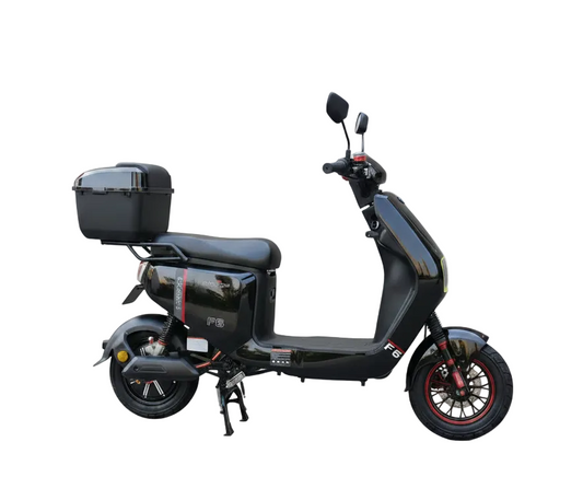 Scooter électrique F6 PRO noir 48V 500W à batterie longue autonomie et frein hydraulique porte bagages vue de profil droit