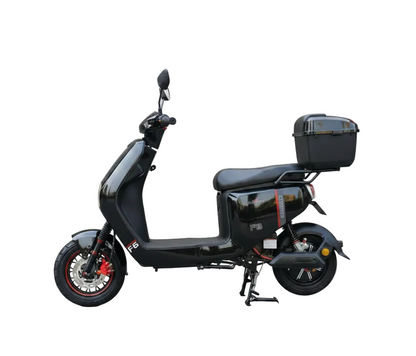 Scooter électrique F6 PRO noir 48V 500W à batterie longue autonomie et frein hydraulique porte bagages vue de profil gauche