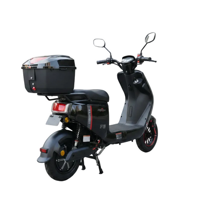 Scooter électrique F6-Pro noir 48V 500W à batterie longue autonomie et frein hydraulique porte bagages vue arrière de coté droit
