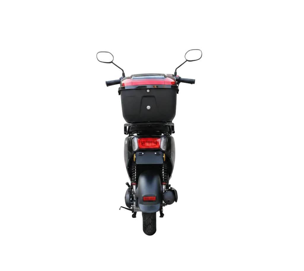 Scooter électrique F6-Pro noir 48V 500W à batterie longue autonomie et frein hydraulique porte bagages vue de face arrière