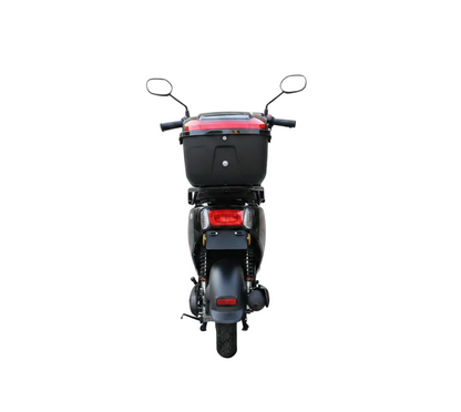 Scooter électrique F6-Pro noir 48V 500W à batterie longue autonomie et frein hydraulique porte bagages vue de face arrière