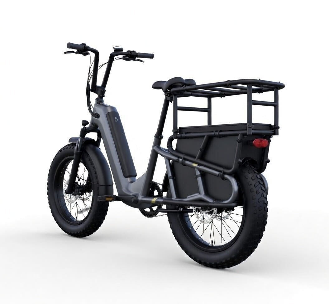 Vélo électrique cargo SAIBIKE K008 iron gris 48V 15Ah 750W avec pneus fat 20 pouces vue arrière gauche