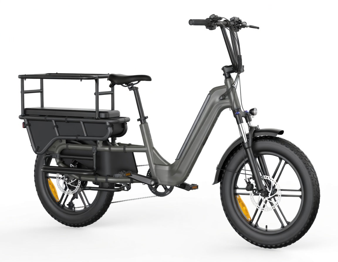 Vélo cargo électrique SAIBIKE HOVCART iron gris puissant 750W avec capteur de couple et pneus fat 20 pouces vue de coté droit