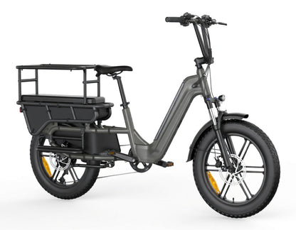 Vélo cargo électrique SAIBIKE HOVCART iron gris puissant 750W avec capteur de couple et pneus fat 20 pouces vue de coté droit