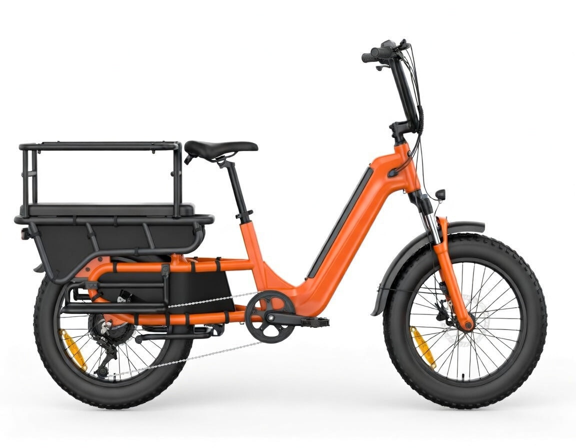 Vélo cargo électrique SAIBIKE HOVCART orange puissant 750W avec capteur de couple et pneus fat 20 pouces vue de profil droit