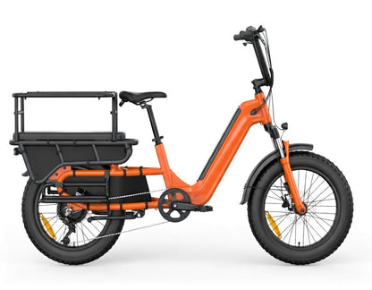 Vélo cargo électrique SAIBIKE HOVCART orange puissant 750W avec capteur de couple et pneus fat 20 pouces vue de profil droit