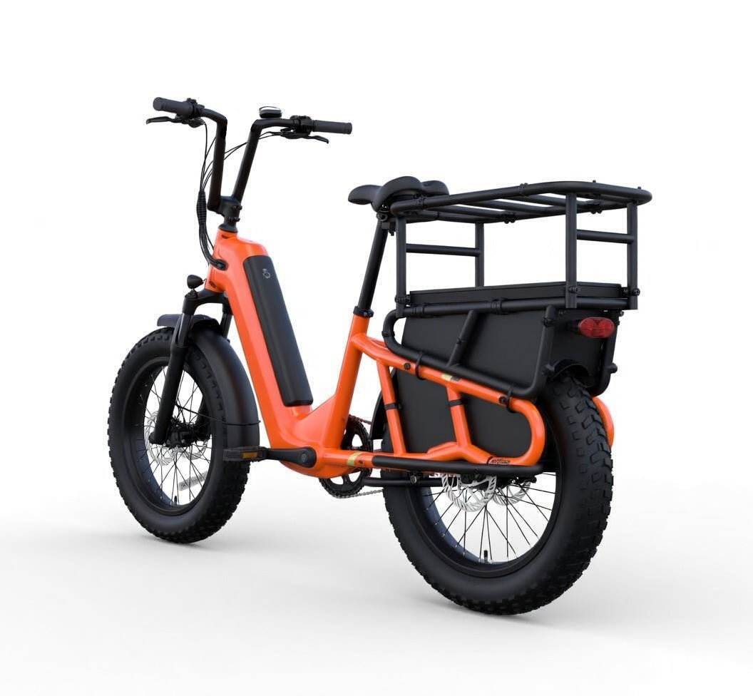 Vélo électrique cargo SAIBIKE K008 orange 48V 15Ah 750W avec pneus fat 20 pouces vue arrière gauche
