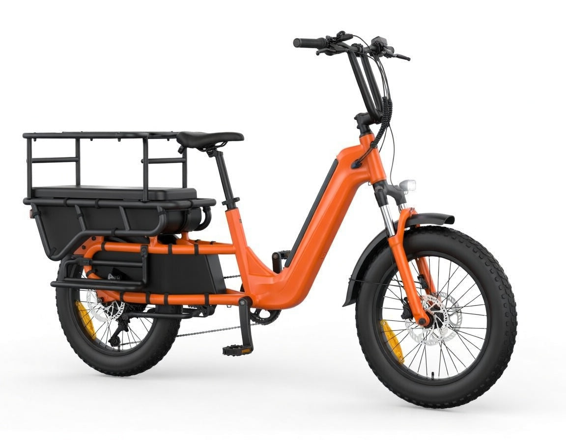 Vélo cargo électrique SAIBIKE HOVCART orange puissant 750W avec capteur de couple et pneus fat 20 pouces vue de coté droit