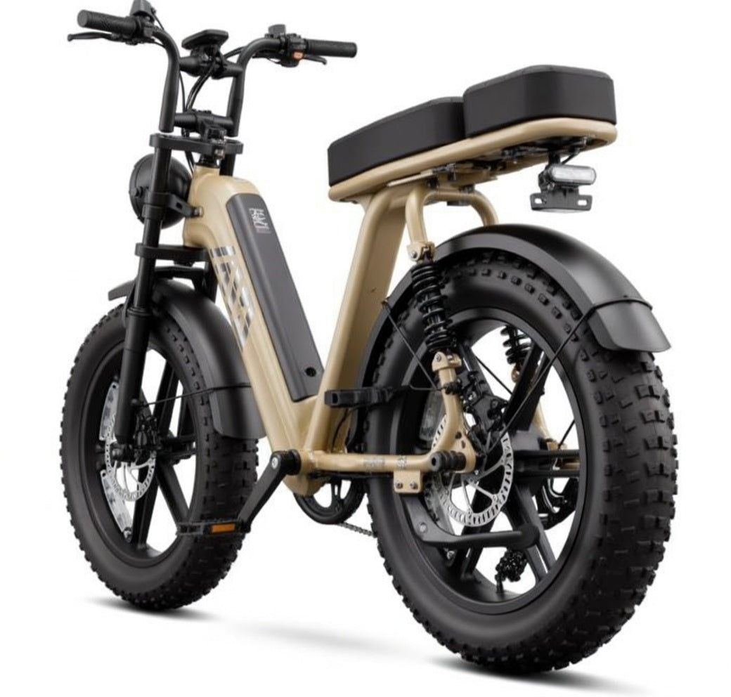 SAIBIKE R7 champagne Fat bike tout terrain double suspension 48V 15Ah 750W vue arrière de coté gauche