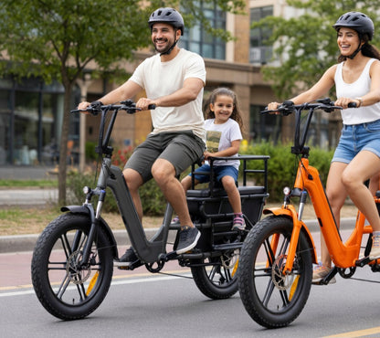 Vélos cargo électrique SAIBIKE HOVCART orange et iron gris puissant 750W, pneus fat 20 pouces urbain en balade idéal pour famille