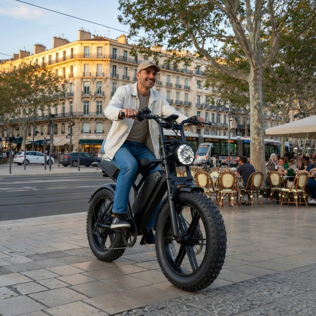 Vélo électrique R002 PLUS 750W 48V 25Ah fat bike 20 pouces, double suspension, freins hydrauliques, autonomie 120 km, vitesse 45 km/h débridée en mode urbain