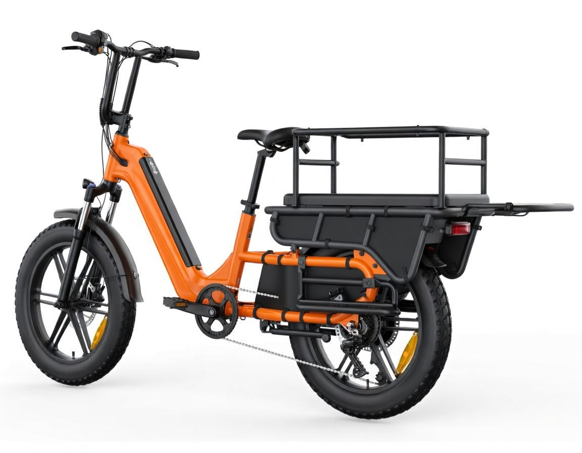 Vélo cargo électrique SAIBIKE HOVCART orange puissant 750W avec capteur de couple et pneus fat 20 pouces vue arrière gauche