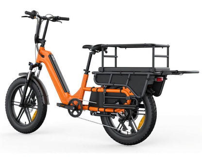 Vélo cargo électrique SAIBIKE HOVCART orange puissant 750W avec capteur de couple et pneus fat 20 pouces vue arrière gauche
