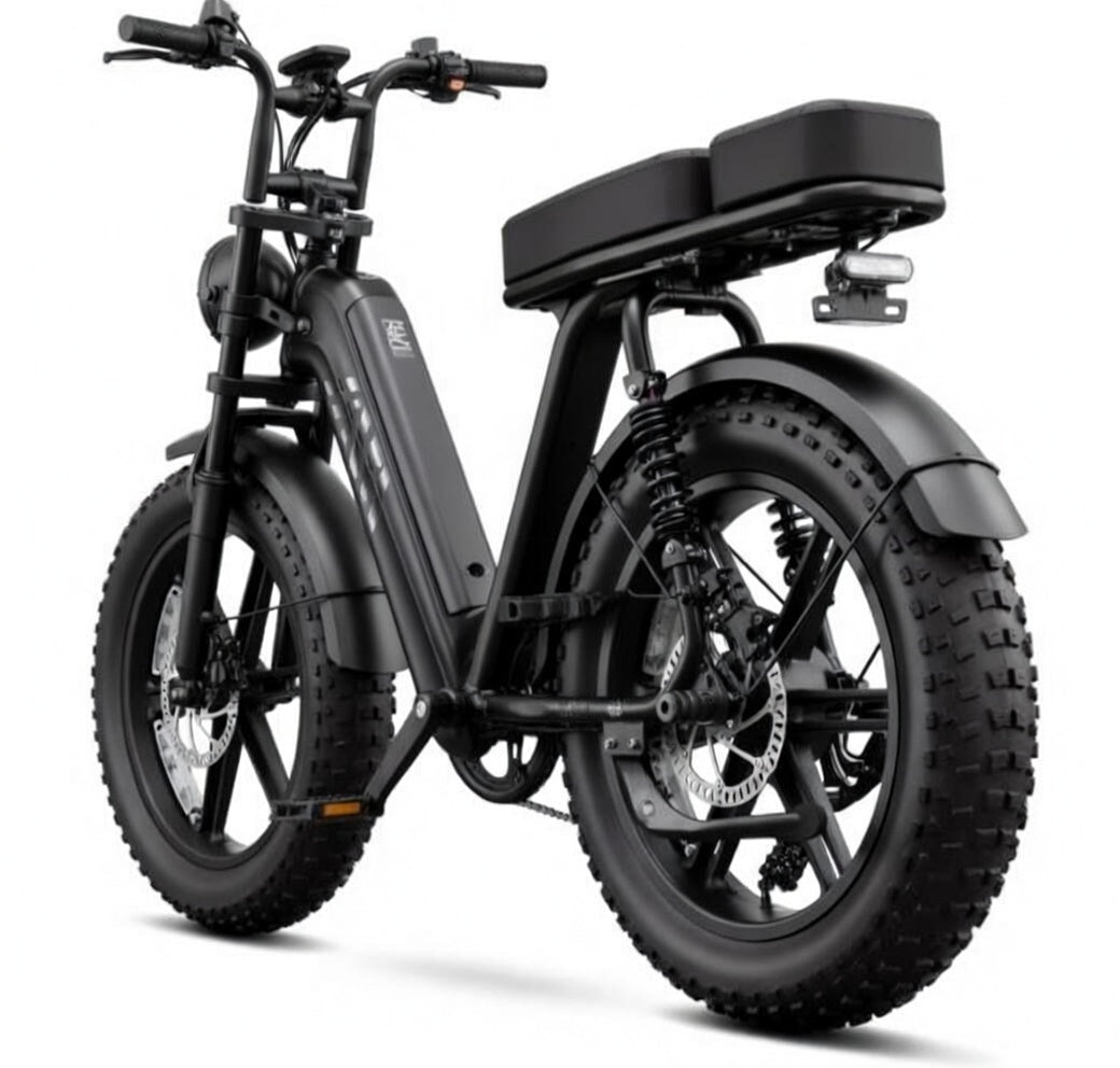 SAIBIKE R7 noir Fat bike tout terrain double suspension 48V 15Ah 750W vue arrière de coté gauche