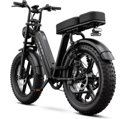 SAIBIKE R7 noir Fat bike tout terrain double suspension 48V 15Ah 750W vue arrière de coté gauche