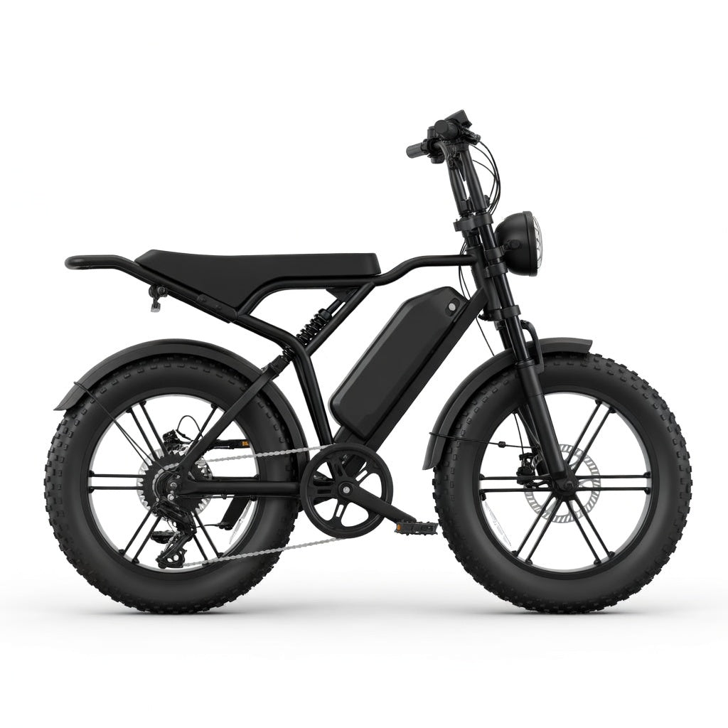Vélo électrique R002 PLUS 750W 48V 25Ah fat bike 20 pouces, double suspension, freins hydrauliques, autonomie 120 km, vitesse 45 km/h débridée vue de profil droit