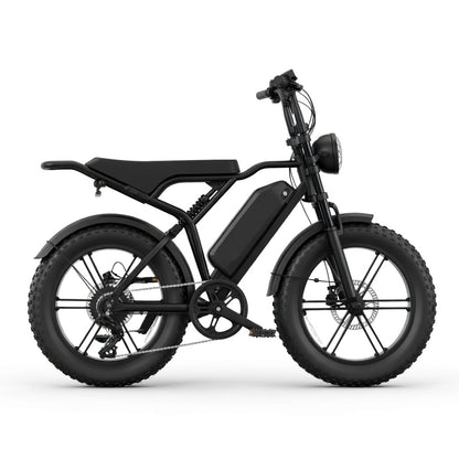 Vélo électrique R002 PLUS 750W 48V 25Ah fat bike 20 pouces, double suspension, freins hydrauliques, autonomie 120 km, vitesse 45 km/h débridée vue de profil droit