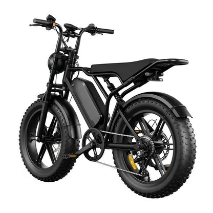 Vélo électrique R002 PLUS 750W 48V 25Ah fat bike 20 pouces, double suspension, freins hydrauliques, autonomie 120 km, vitesse 45 km/h débridée vue arrière de coté gauche